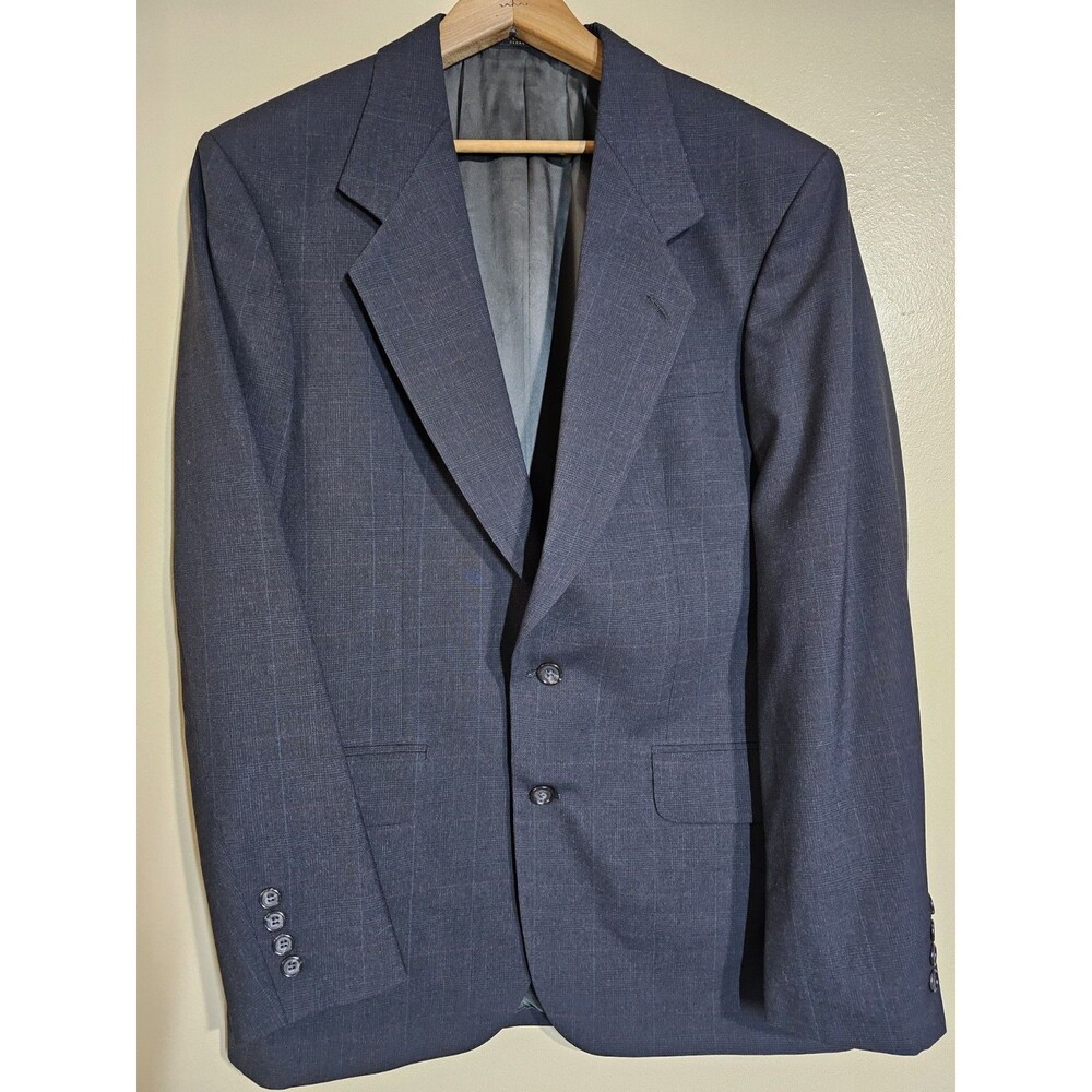 VTG Oscar de la Renta Men's 38R Blue Plaid Suit Jacket 100% Wool Old Money
